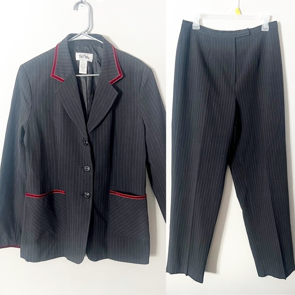 Vintage Womens Grey Pinstripe Suit Jacket Wide Leg Pants 12 Office Career Formal - Picture 2 of 16